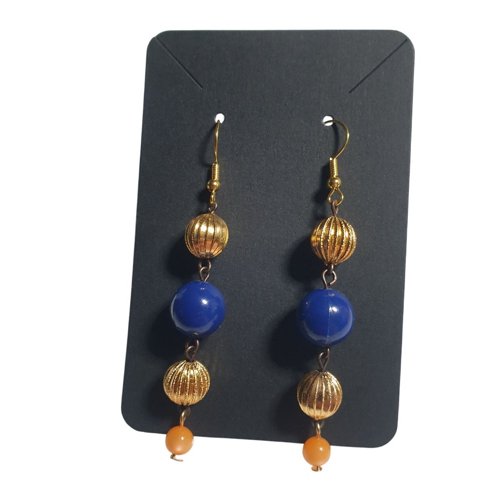 Gold Tone Blue Orange Bead Dangle Earrings Hook Back Sports Fan Jewelry Gift
